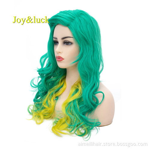 Long Natural Wavy Synthetic Wigs for Women Green Mixed Yellow Color Body Wave Cosplay Wigs Costume Hair Style